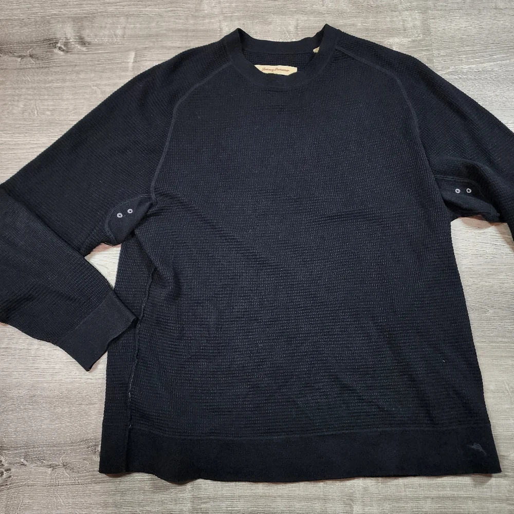 TOMMY BAHAMA Cashmere Cotton Black Waffle Knit Thermal Pullover Top Men's Medium